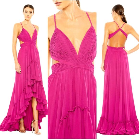 Mac Duggal Pleated Tired Cut Out Sleeveless Size 12 High Low Gown 67992 New